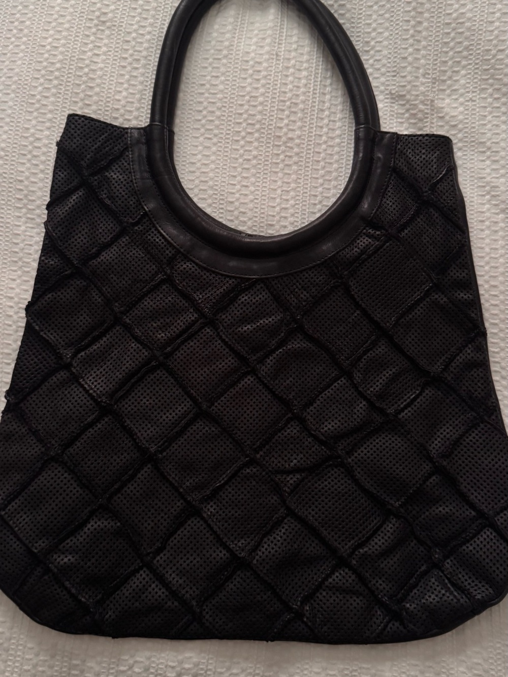 Anthropologie Black leather Quilted Perforated Tote with Round Handles